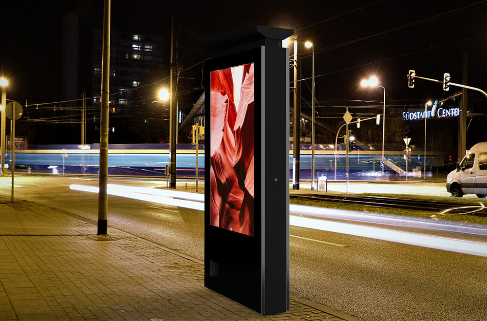 Digital signage kiosk in a city