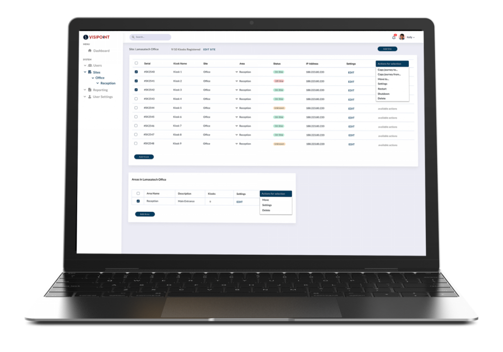 VisiPoint Cloud on Laptop - Kiosk and Area Management Screen