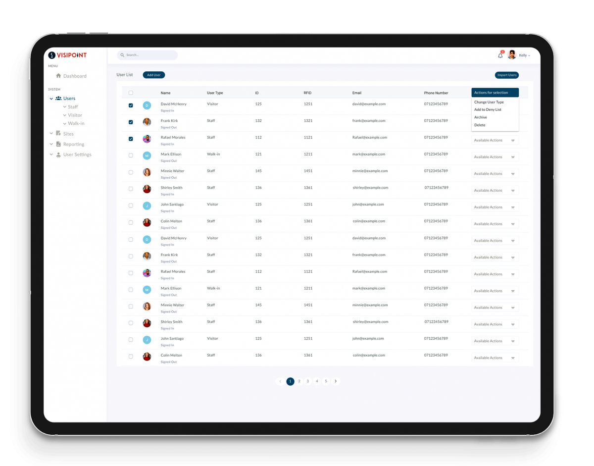 VisiPoint Cloud on Tablet- User Management Screen VisiPoint Cloud on Tablet- User Management Screen