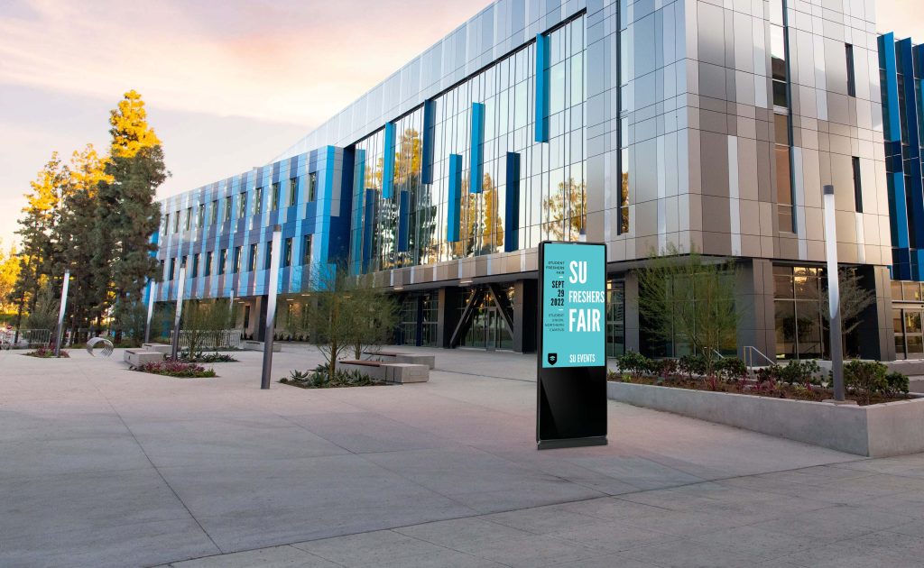 Outdoor digital signage kiosk at a university campus