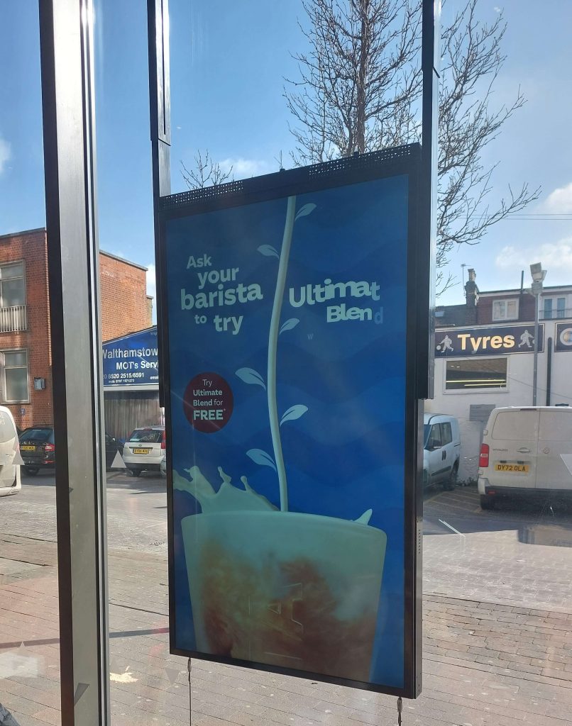 LamasaTech ultra high brightness window display at Costa Coffee