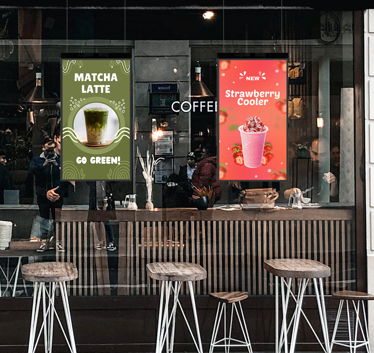 Versi ceiling mount display in cafe window