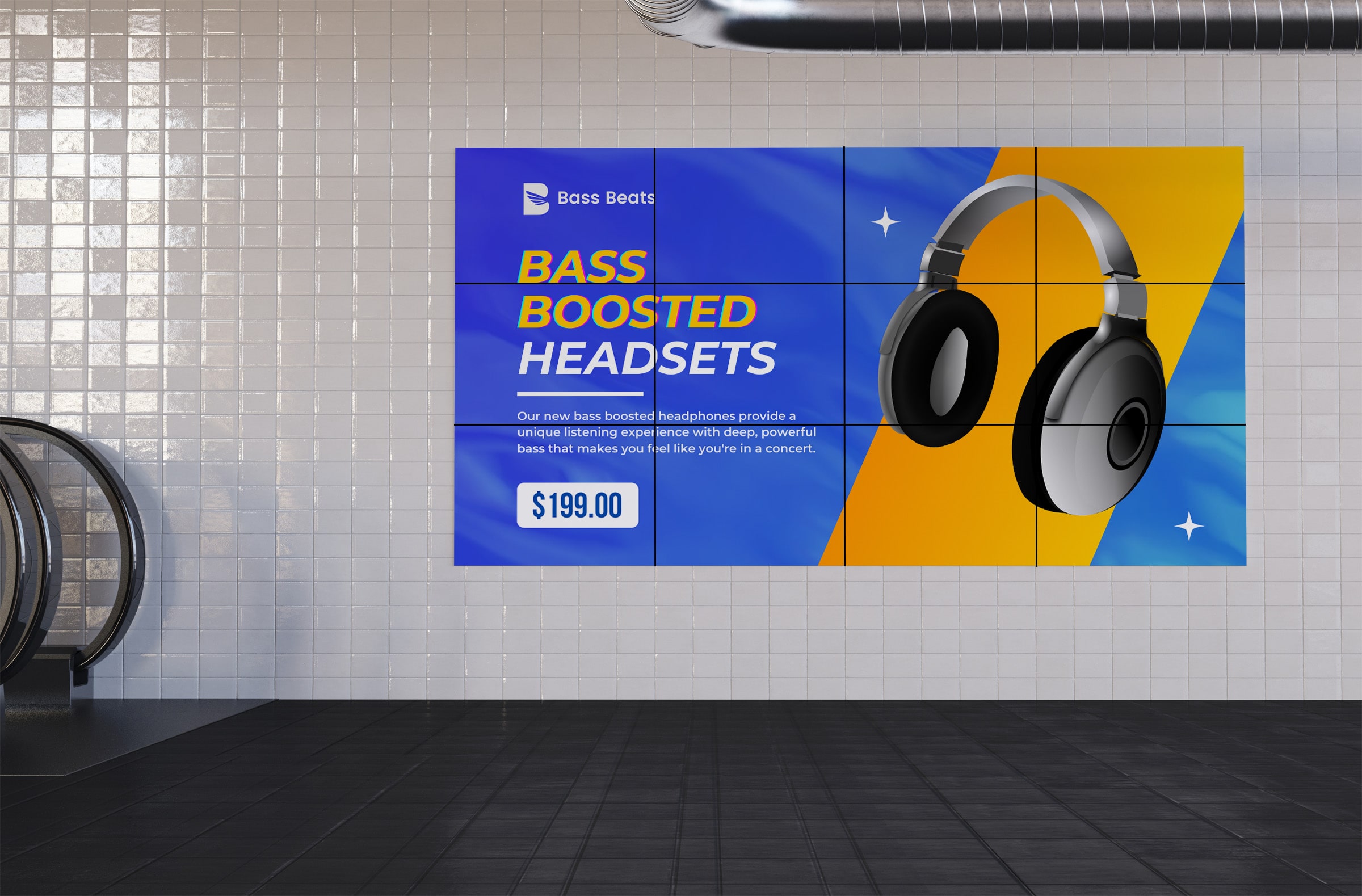Narrow bezel LCD video wall with headphone advert in subway station