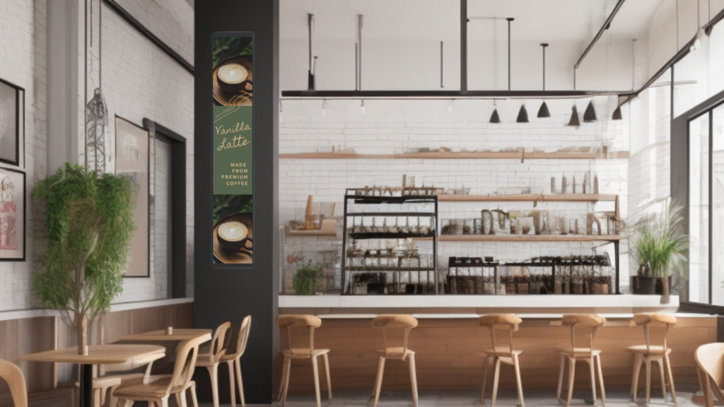 Muro stretch display showing an advertisement for coffee in a cafe setting