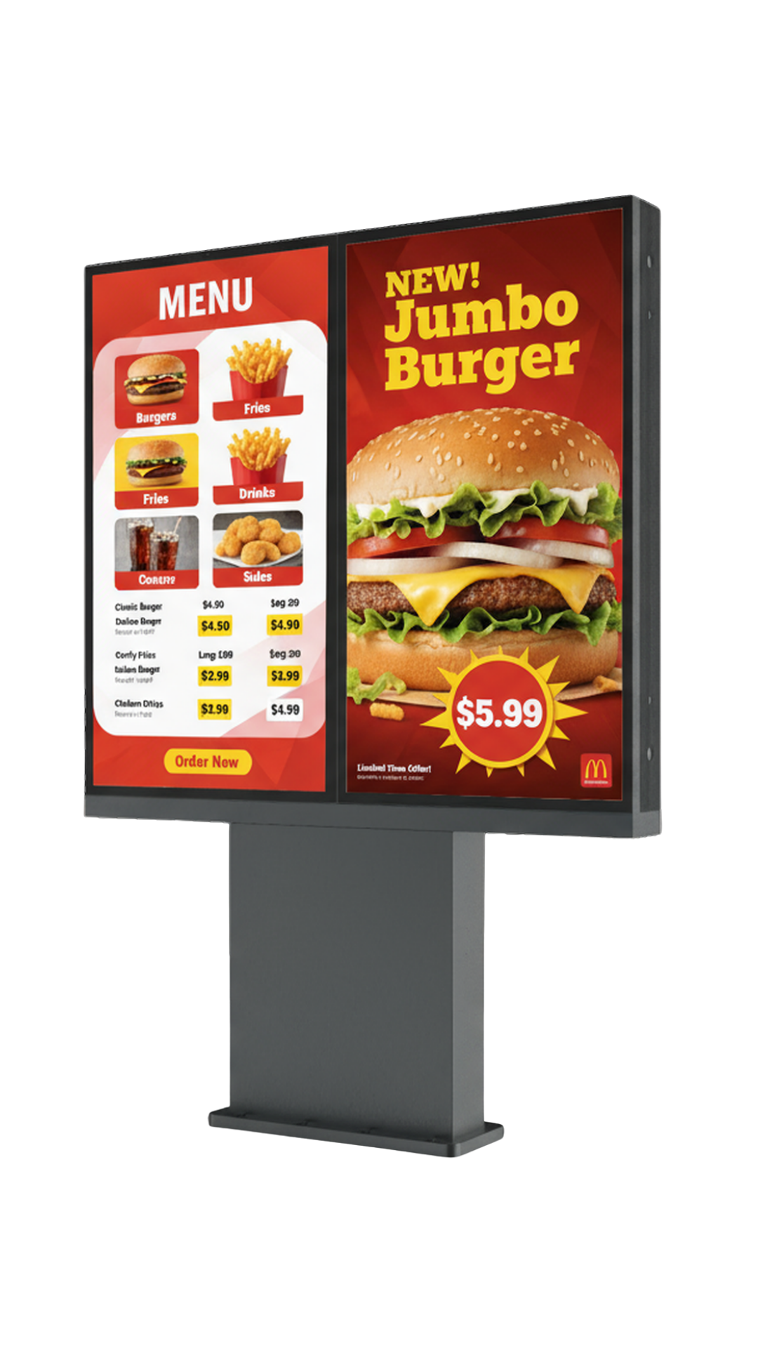 Versi outdoor freestanding kiosk V2 - portrait Versi outdoor freestanding kiosk displaying a fast food menu