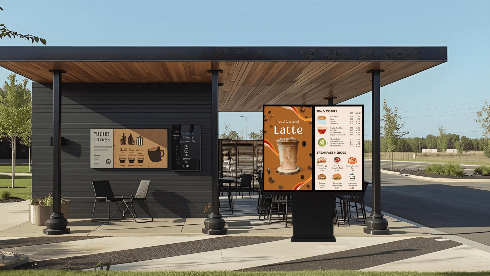 Coffee shop drive-thru with Versi outdoor kiosk displaying menu Coffee shop drive-thru with Versi outdoor kiosk displaying menu