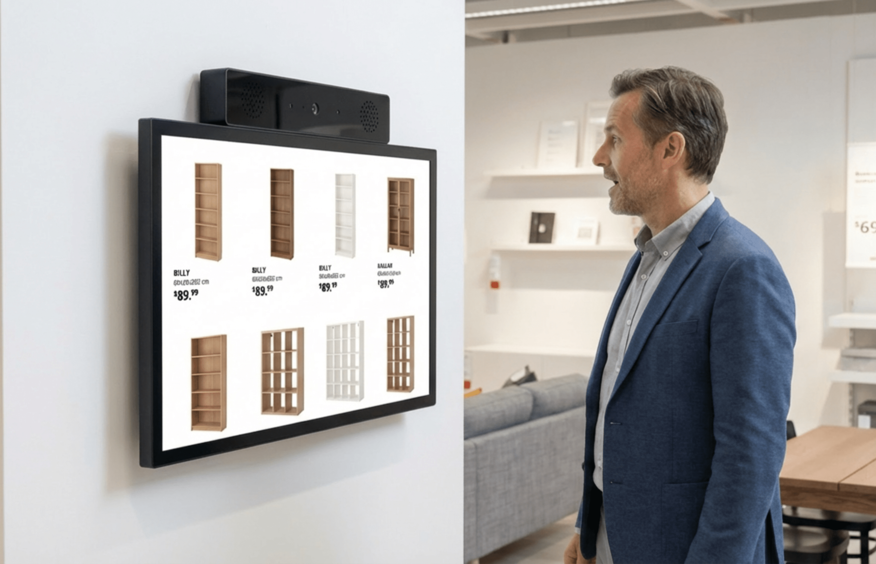 Man using a AI kiosk to browse furniture in a furniture store