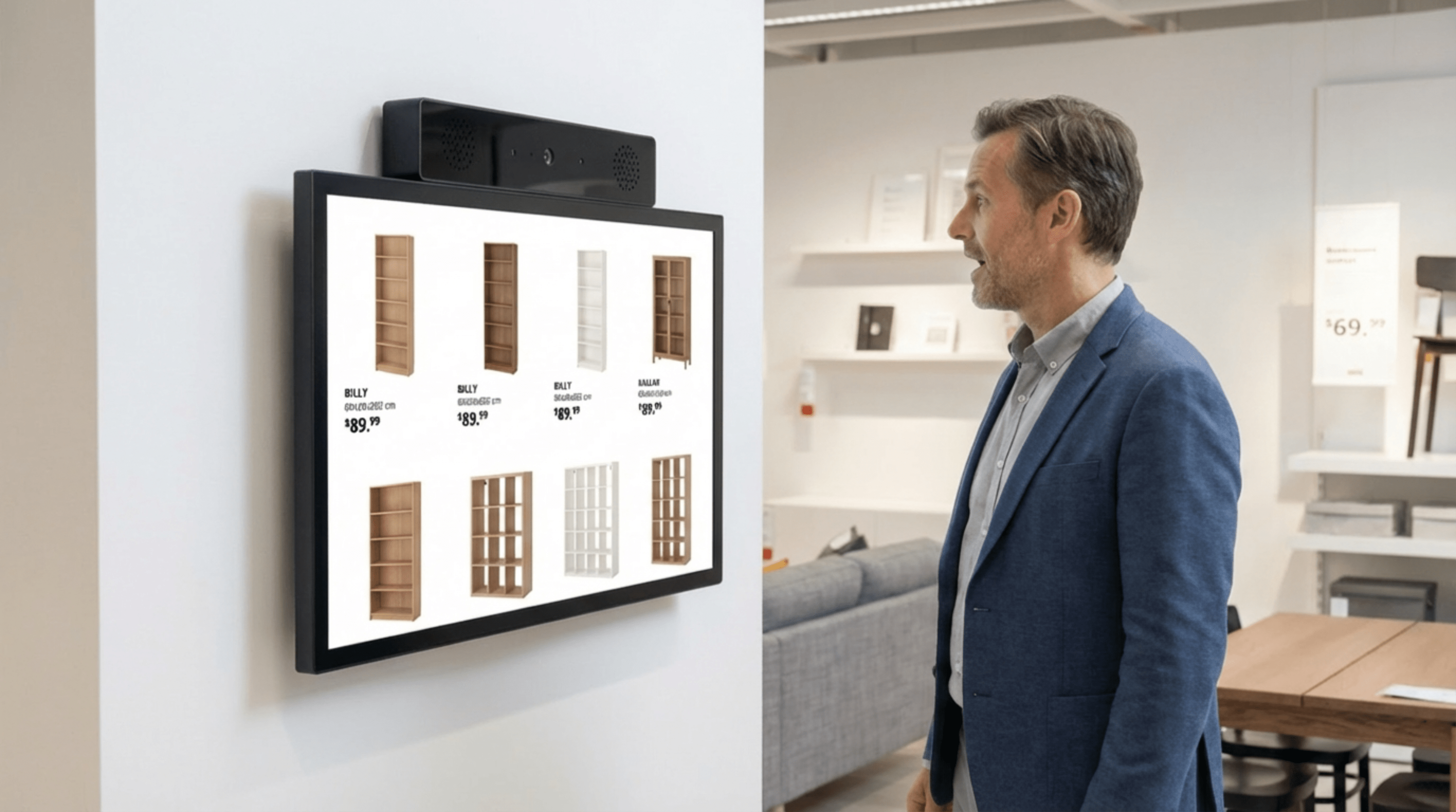 Man using a AI kiosk to browse furniture in a furniture store