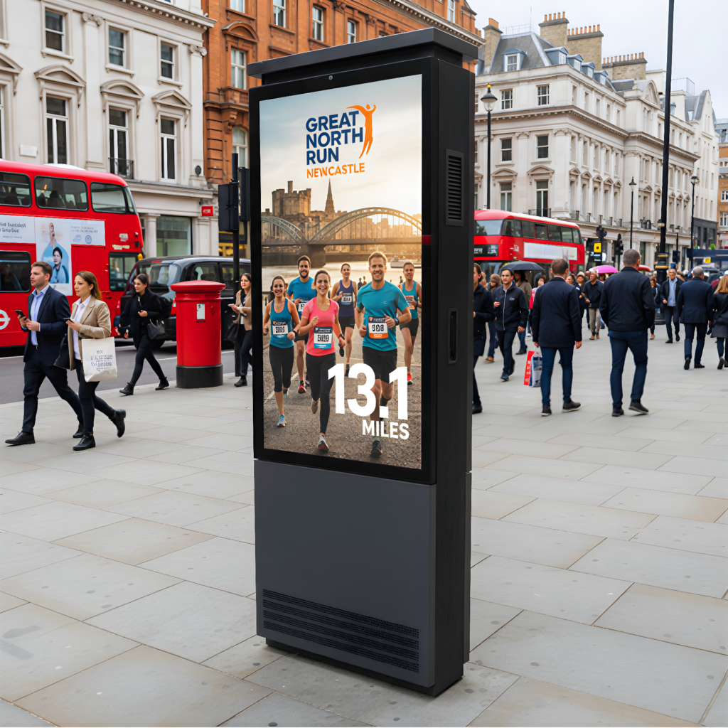 Versi Outdoor Floor Freestanding Digital Poster Kiosk in a city centre location