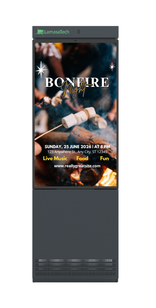 Versi Outdoor Floor Freestanding Digital Poster Kiosk with a bonfire night celebration advertisement