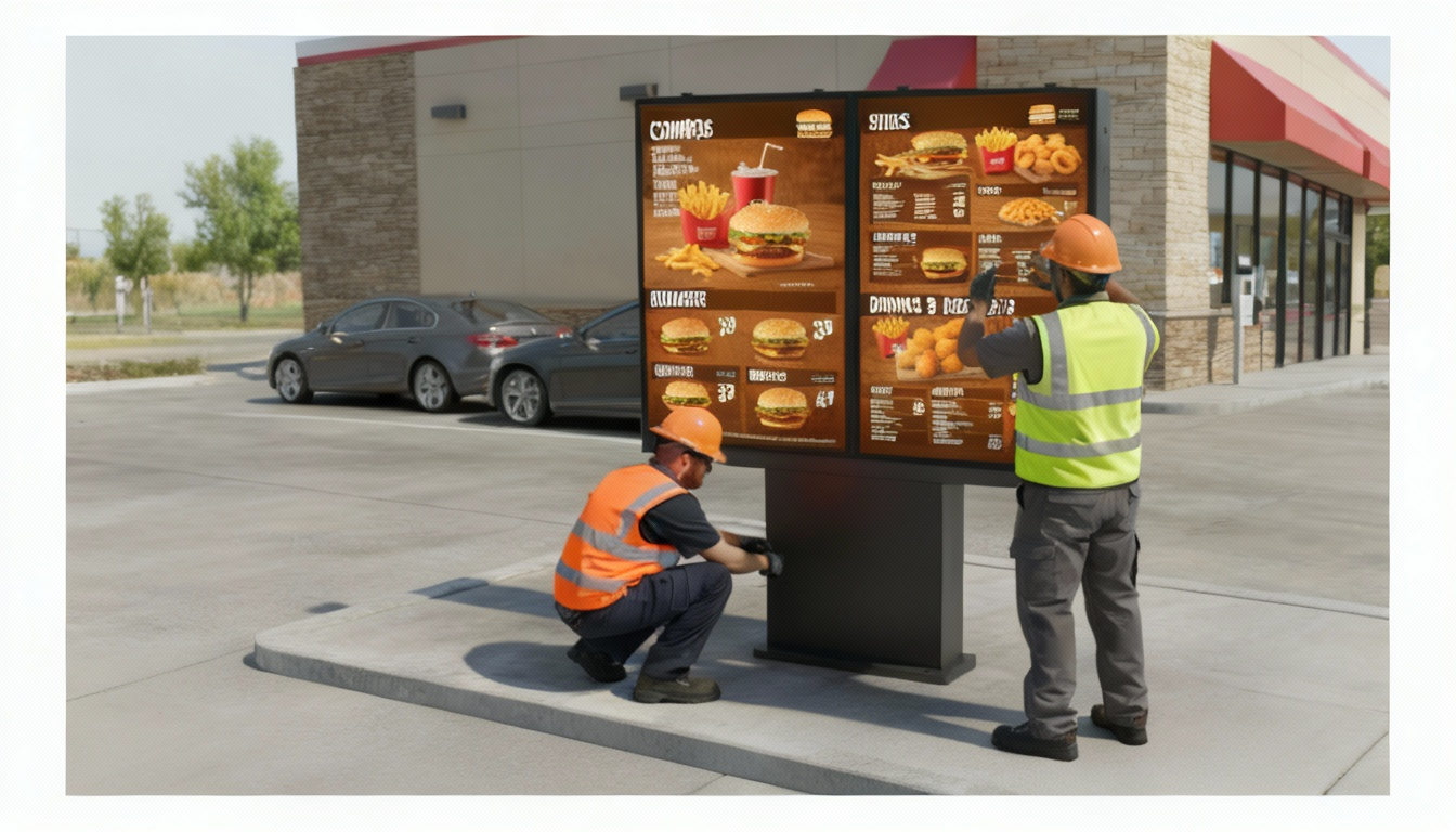 Two men installing a drive-thru kiosk