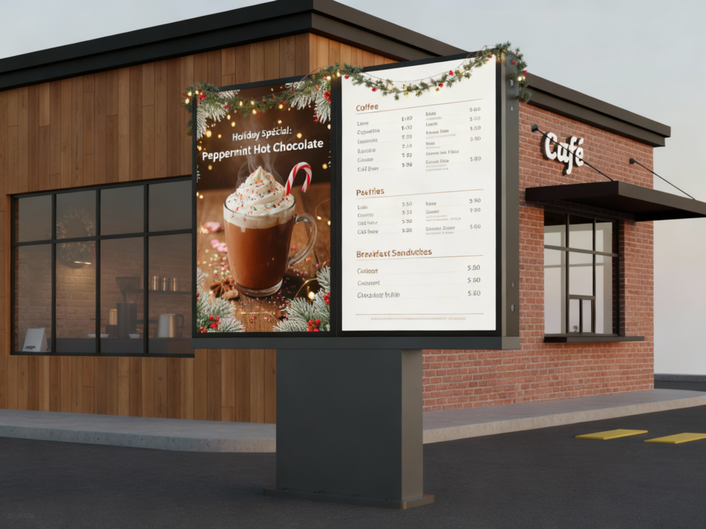 Cafe drive-thru menu kiosk outside a cafe restaurant