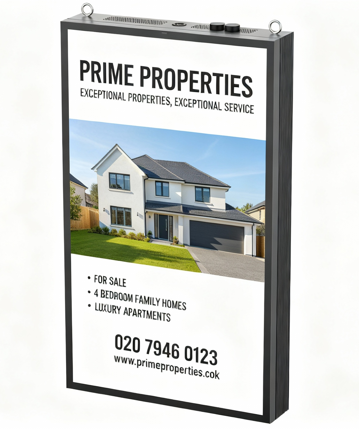 Versi outdoor wall mounted kiosk with an advert for an estate agent