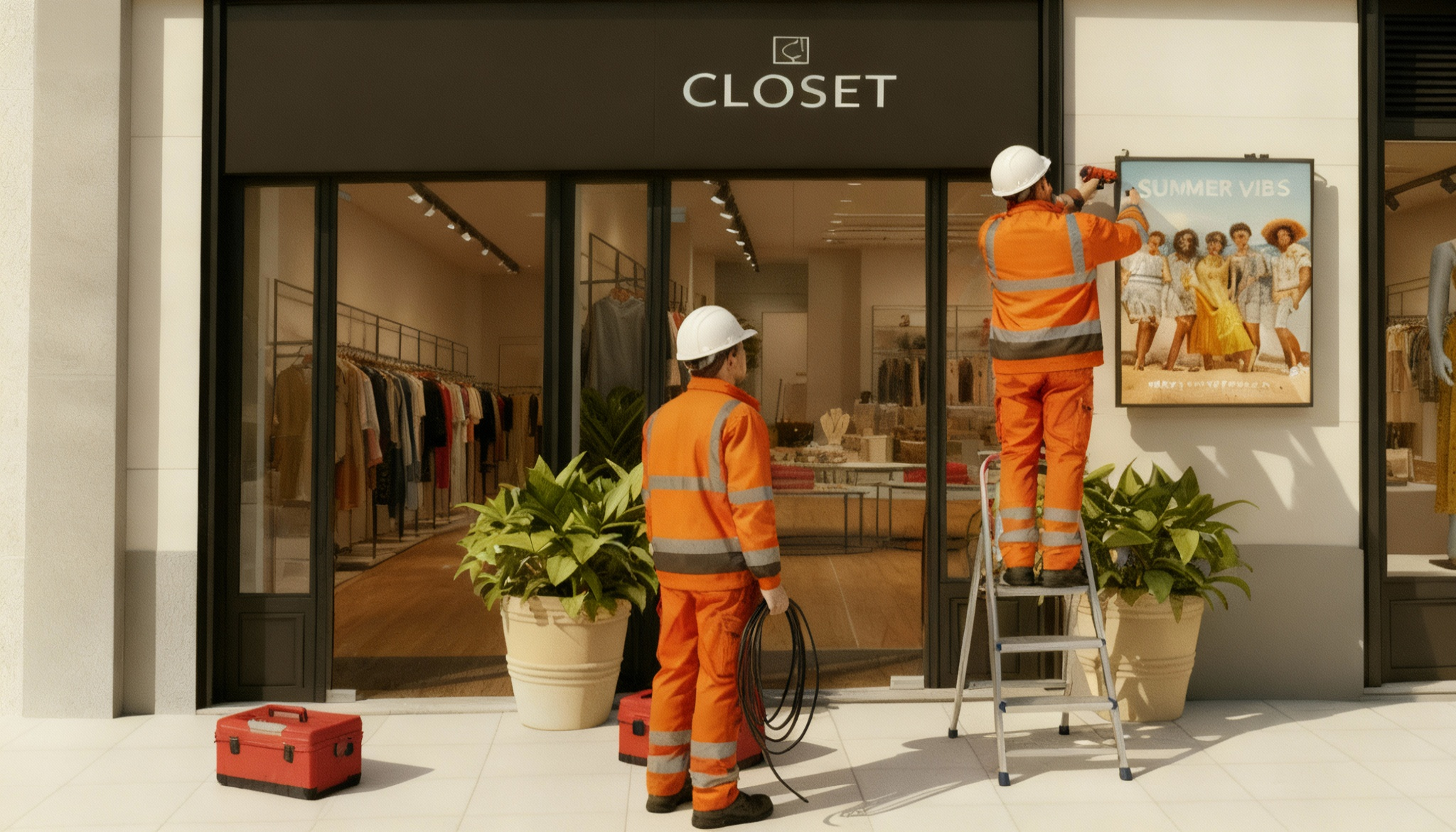 Two men installing a outdoor digital signage poster