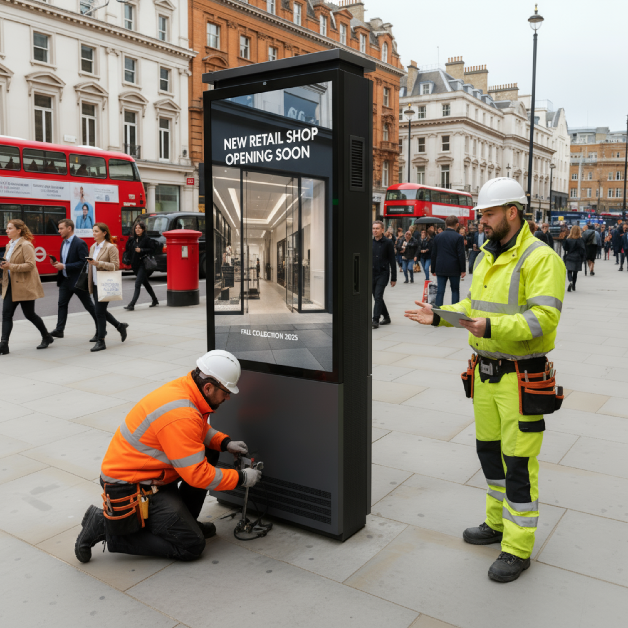 Two men installing an outdoor kiosk