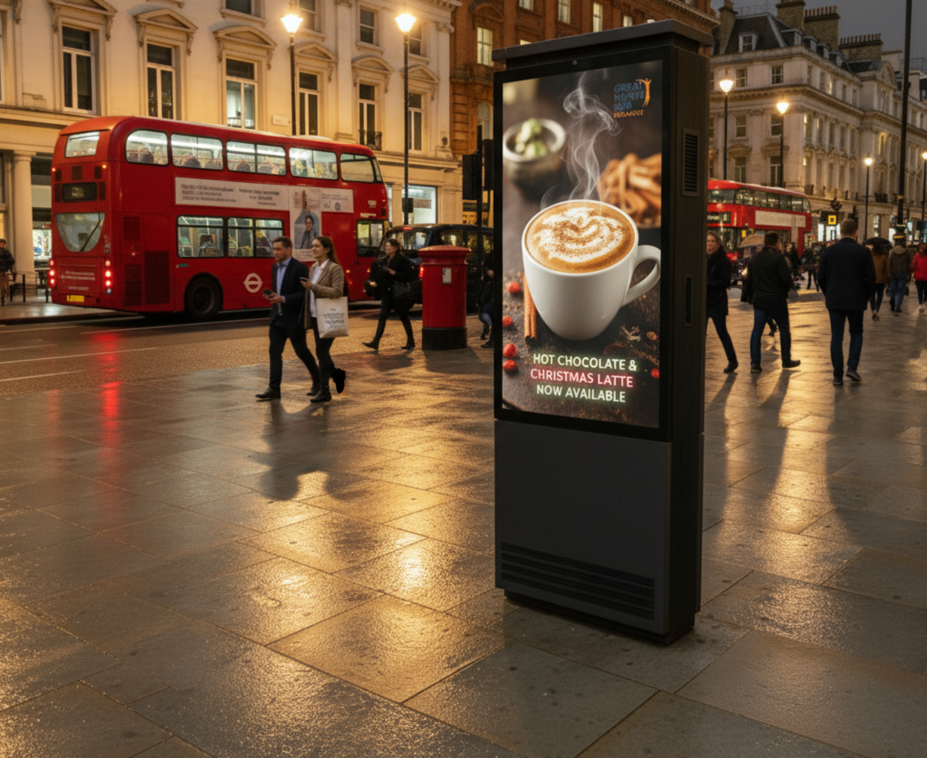 Versi Outdoor Floor Freestanding Digital Poster Kiosk in a city centre location at night