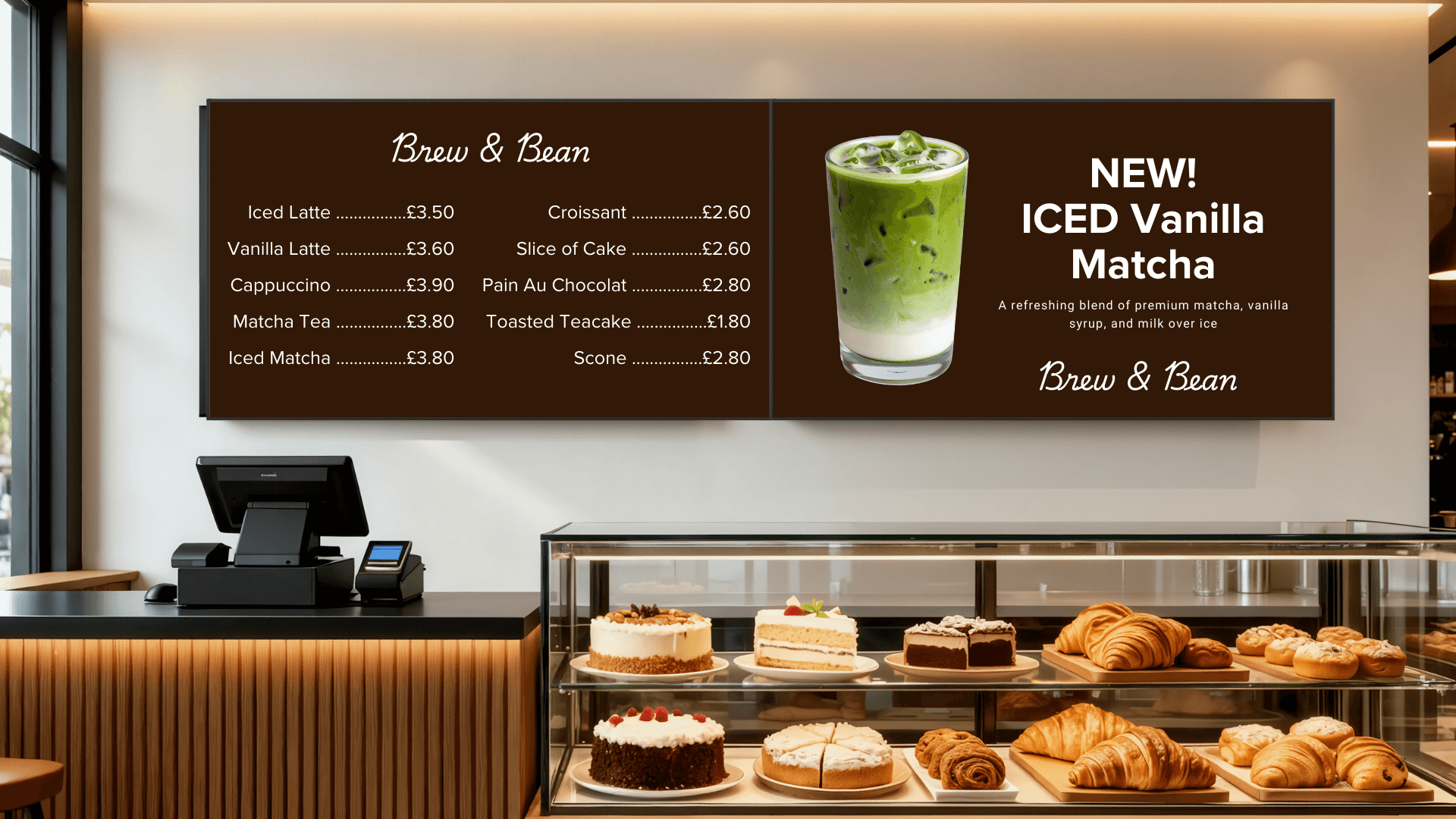 Digital menu boards in a cafe (side by side) Digital menu boards in a cafe