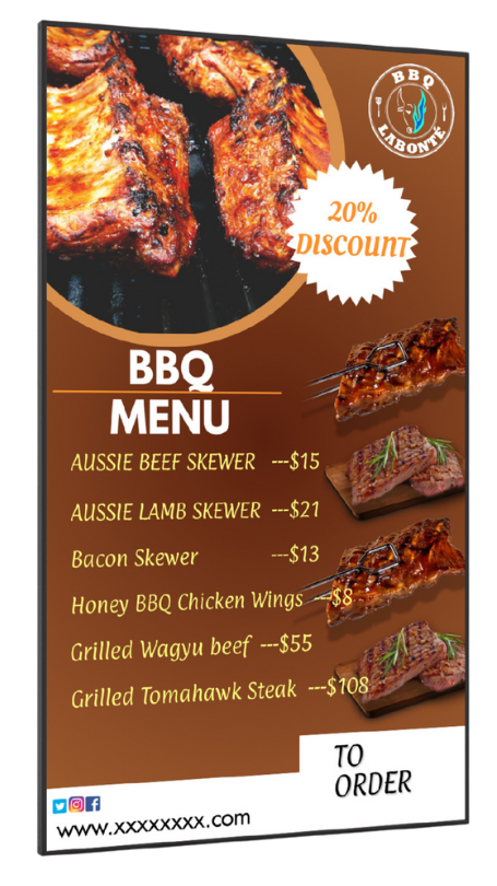 Muro Menu board display - BBQ menu Digital menu board display showing a BBQ restaurants menu