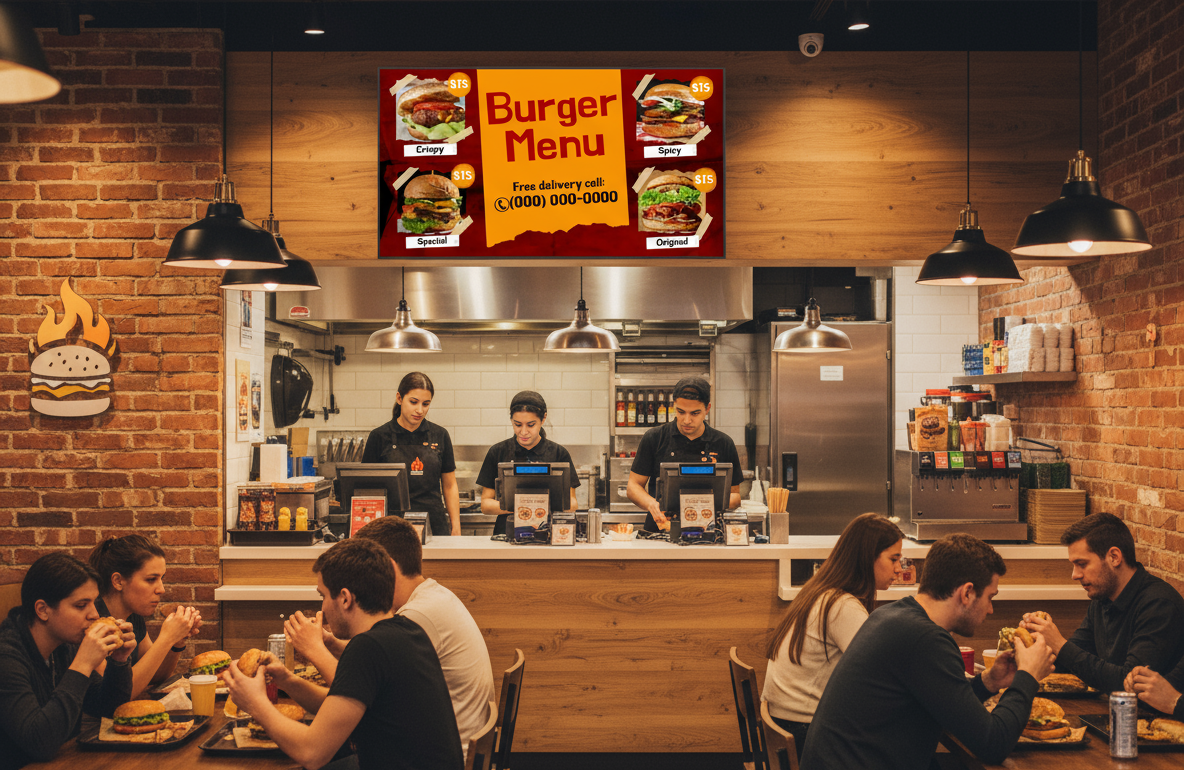 Digital menu board in a fast food restaurant