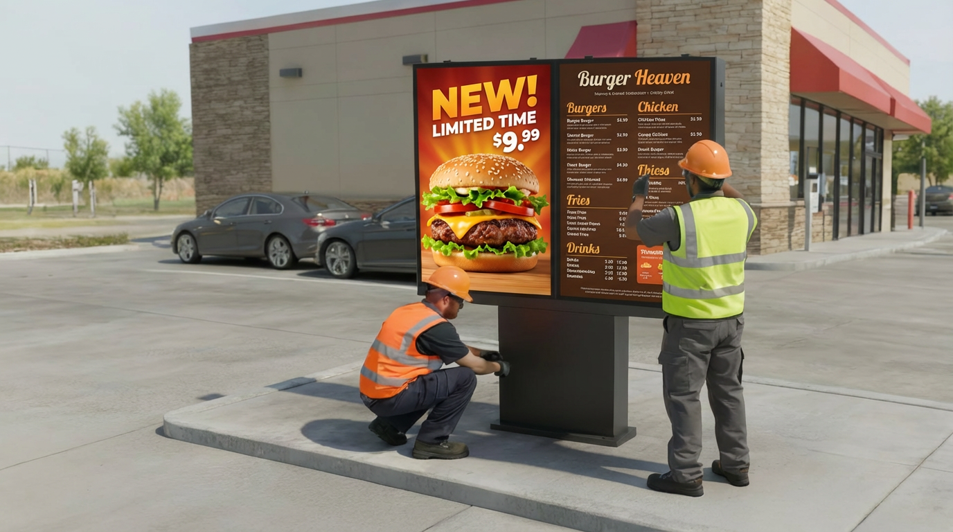 Engineers installing a freestanding kiosk at a fast food drive thru Engineers installing a freestanding kiosk at a fast food drive thru