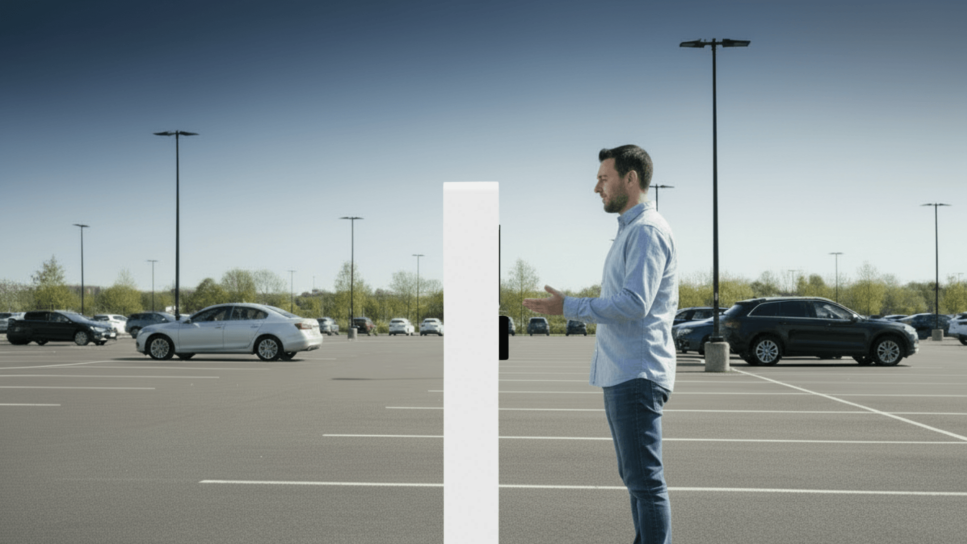 A man interacting with a Zentron 21 kiosk in a car park setting