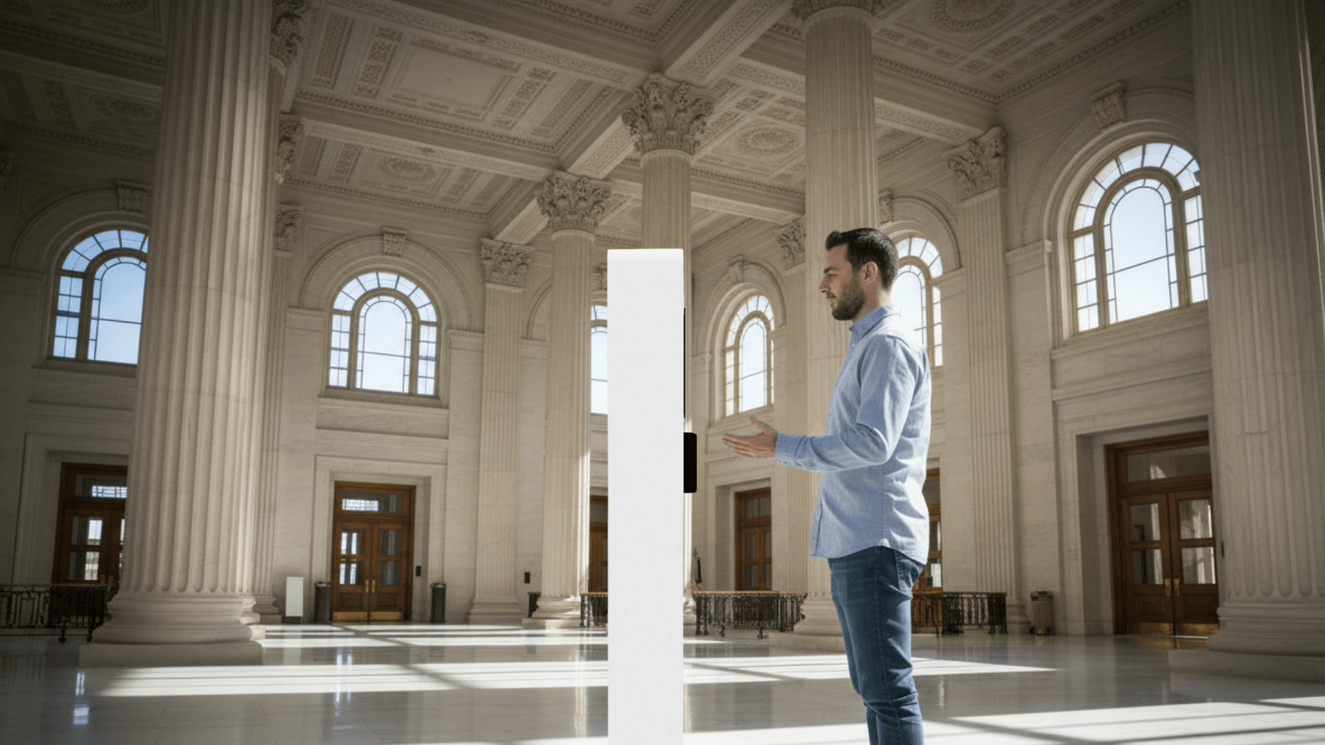 A man interacting with a Zentron 21 kiosk in a public building setting