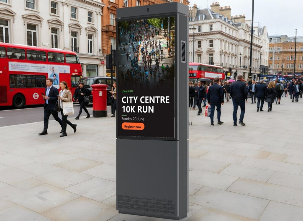 Versi Outdoor Floor Freestanding Digital Poster Kiosk on a city centre street